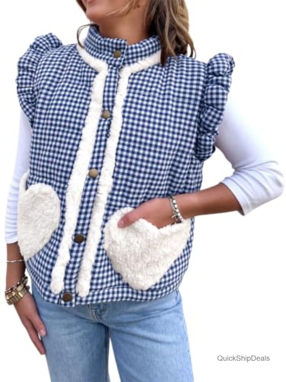 Plaid Puffer Vest Ruffle Sleeve Color Block Quilted Sleeveless Gilet